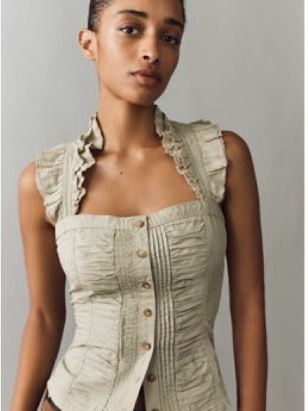 Pilcro Light Sage Ruffle-Front Sleeveless Top
